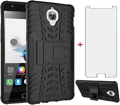 Phone Case for Oneplus 3 3T A3000 with Tempered Glass Screen Protector Cover and Stand Kickstand Hard Rugged Hybrid Cell Accessories Oneplus3 Oneplus3T 1 One Plus T 1plus 1 13T 13 Cases Men Black