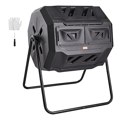 VEVOR Compost Bin, 43-Gal Dual Chamber Composting Tumbler, Large Tumbling Rotating Composter with 2 Sliding Doors and Steel Frame, BPA Free Composter Bin Tumbler for Garden, Kitchen, Yard, Outdoor | for Families and Gardeners, with 360 Tumbling, Sliding Door, Air Vents, PP Body and Metal Frame for 4-6 Week Composting