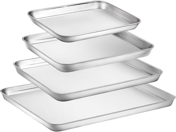 Stainless Steel Cookie Sheets for Baking, 4 Pieces Toaster Oven Pans Baking Sheets for Oven, Easy Clean & Non-stick & Dishwasher Safe