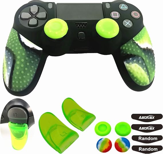 Silicone Skin Cover for Ps4 Slim/Pro DualShock Controller(1pc Anti-Slip Case, 1 Pair L2 R2 Trigger Extender, 4pcs Thumb Grips,4pcs LED Light Bar Protector Decal)(Double Green granular)