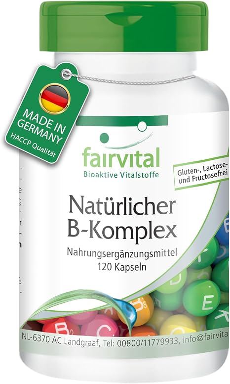 fairvital Vitamin B Complex Natural from Yeast All 8 B Vitamins (B1 B2 B3 B5 B6 B7 B9 B12) Vegan 120 Capsules Swallow-friendly with Choline and Inositol