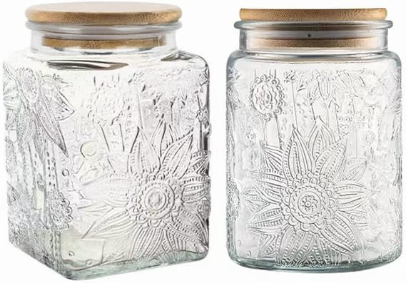 ANSQU Glass Storage Jar, 28oz/24oz Glass Food Storage Containers with Bamboo Wooden Lids, Set of 2 Airtight Cookie Jars for Kitchen Countertops, Pantry, Cookies, Coffee, Tea, Candy