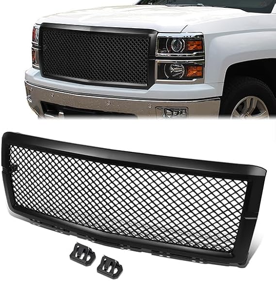 Badgeless Diamond Mesh Style Front Bumper Grille Compatible with 2014-2015 Chevrolet Silverado 1500, Matte Black 23259624 2317359 23259625 23259615 GM1200712 GM1200696 GM1200671 GM1200714
