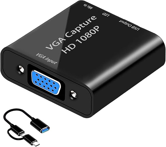 Video Capture Card, VGA to USB Capture Adapter with Microphone Input, HD 1080P Video Adapter with OTG Cable, for Live Broadcast, Wii U, Laptops, Monitors, Video Conferencing and Games