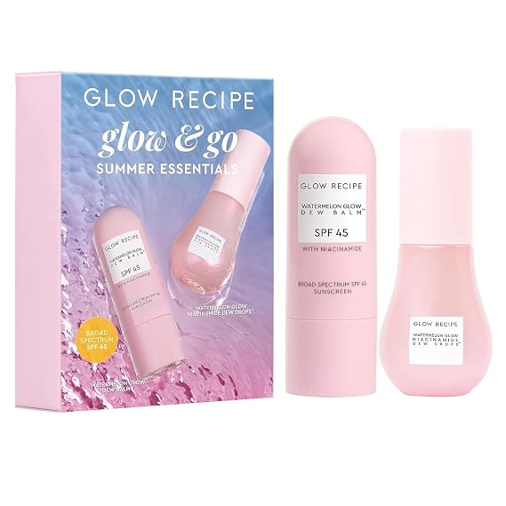Glow Recipe Glow & Go Summer Makeup Prep Essentials Kit - Skincare Set with Full Size Korean Sunscreen with SPF 45 & Travel Size Niacinamide Dew Drops Face Serum (2 Count)