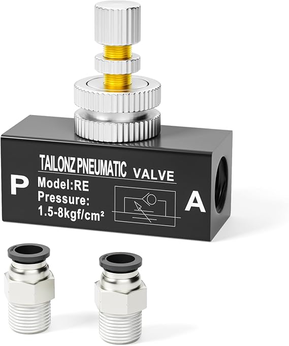 TAILONZ PNEUMATIC 1/4 Inch NPT Air Flow Control Valve with Push-to-Connect Fitting, in-Line Speed Controller Union Straight RE-02