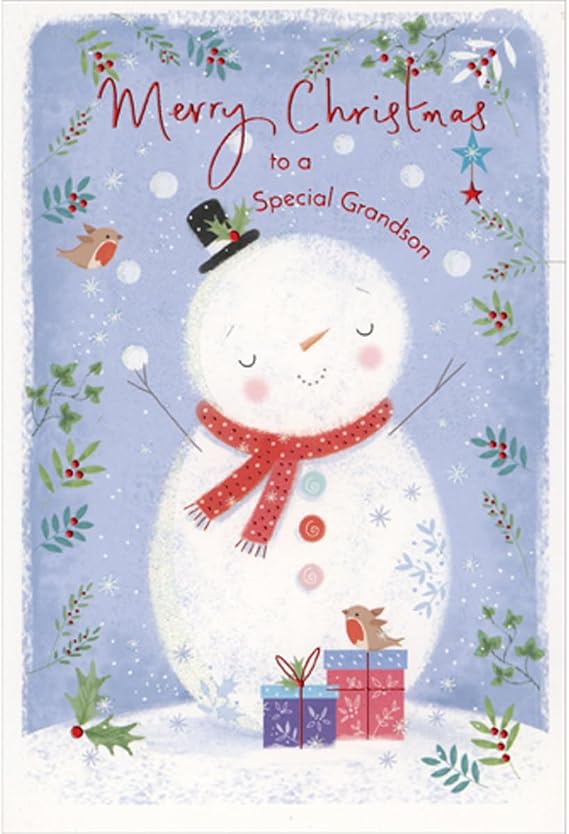 Pictura Cute Snowman with Outstretched Arms and Bird Sitting on Present Christmas Card for Grandson