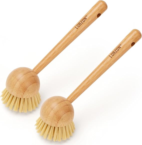 Lorzon 2 Paket Saplı Bulaşık Fırçası, Bambu Bulaşık Fırçalama Fırçası, Bulaşıklar için Mutfak Fırçaları, Temizleyici, Tencere, Tava, Lavabo, Bulaşık Temizleme Fırçası