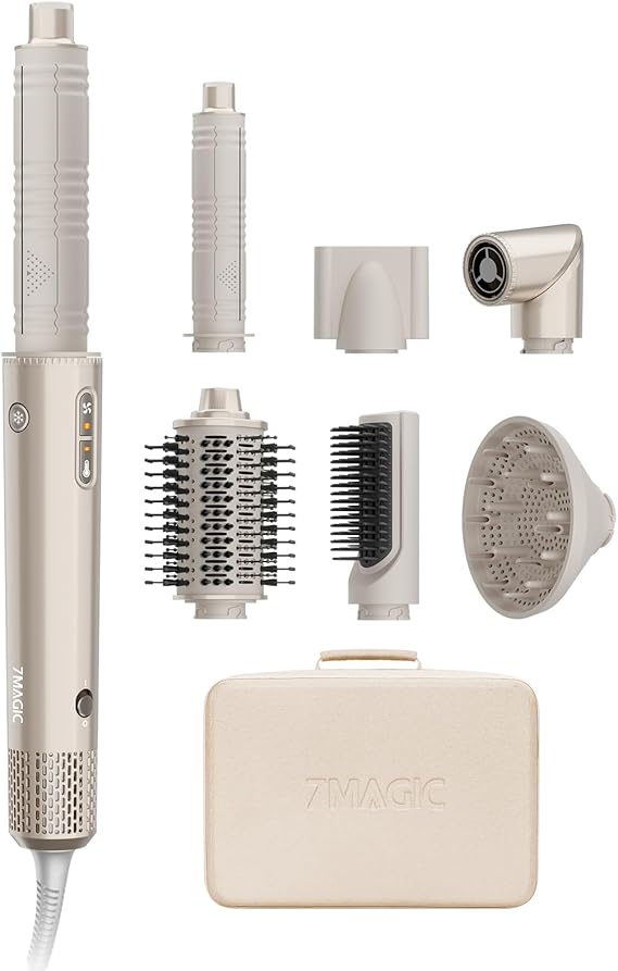 7MAGIC 7-in-1 Air Multi-Styler & Hair Dryer Brush with Auto-Wrap Curlers | 110,000 RPM High-Speed Blow Dryer with Negative Ions. Fast Drying, Curling, Volumizing & Straightening. Includes Travel Case.