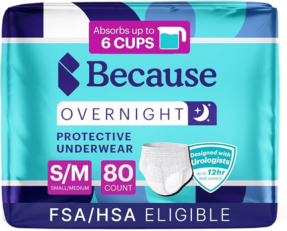 Because Overnight absorbency Pull Ups - Adult Disposable Incontinence Underwear for Men and Women, Ultra Absorbent Nighttime Briefs, White, S/M , 80 Count 4 Pack of 20