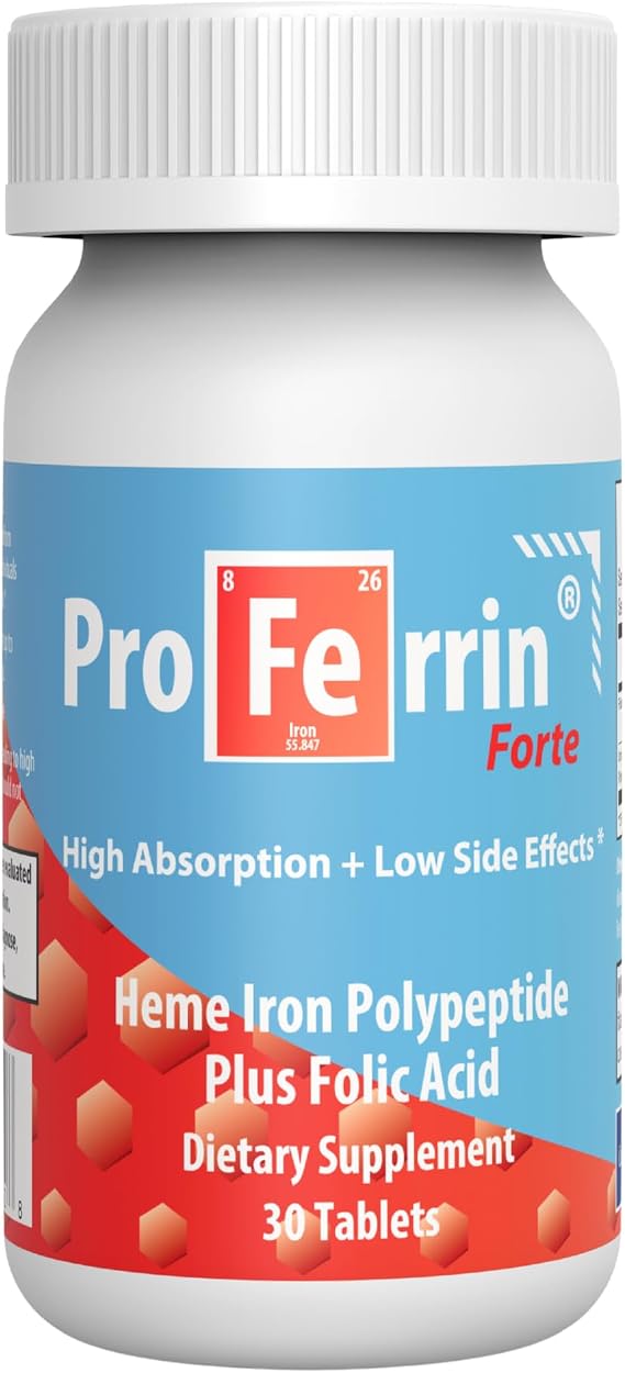 Proferrin Forte-12mg of high Absorbing Heme Iron Polypeptide. Easy on the Gut. 30 Tablets. 1mg of Folic Acid to aid in red Blood Cell Production. Not affected by Coffee, Calcium, or PPI's.