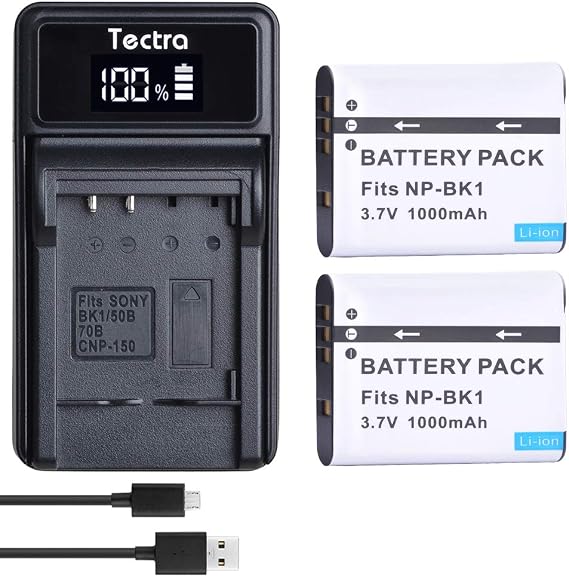 Tectra 2-Pack NP-BK1 Battery and LED USB Charger for Sony Cybershot DSC-W370, DSC-S750, DSC-S780, DSC-S950, DSC-S980, DSC-W190, MHS-CM1 HD, MHS-PM1, MHS-PM5, MHS-CM5