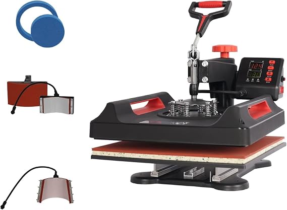Digital Heat Press Machine Sublimation Printing Swing Away 360 Degree for T Shirts Mug Hat Plate Cap Mouse Pads 8 in 1 38x38cm Multifunctional (red)