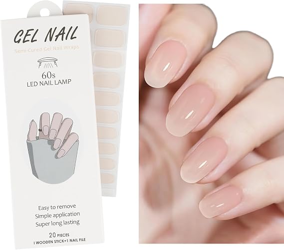 Semi Cured Gel Nail Strips 20 Wraps Works with Any UV/LED Lamps,Nude Pink, Salon-Quality, Long Lasting, Easy to Apply & Remove - Includes 2 Prep Pads, Nail File & Wooden Stick