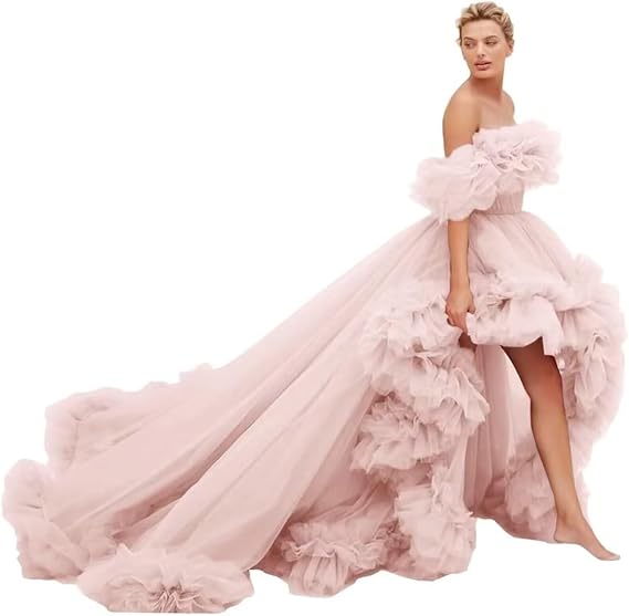 High Low Tulle Prom Dresses Long Ball Gown Off Shoulder Puffy Ruffles Maternity Robe Evening Party Gowns for Women