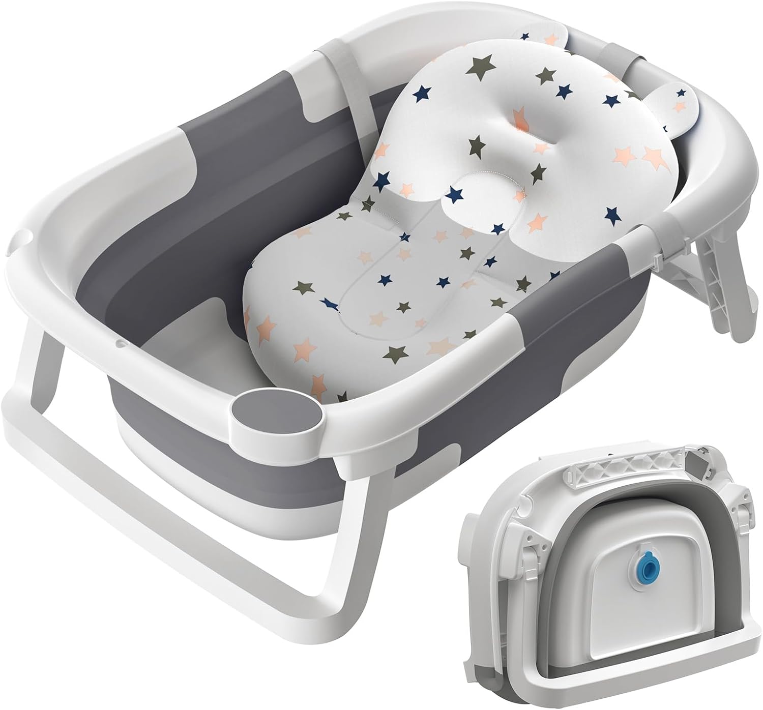 Baby Bath Tub Foldable,Collapsible Newborn Bathtub Essentials with Bath Support and Non Slip Bath Seat Cushion Stand Pad,Folding Infant Baths Tub Toddler 0-24 Months, Portable Travel Save Space(Grey)
