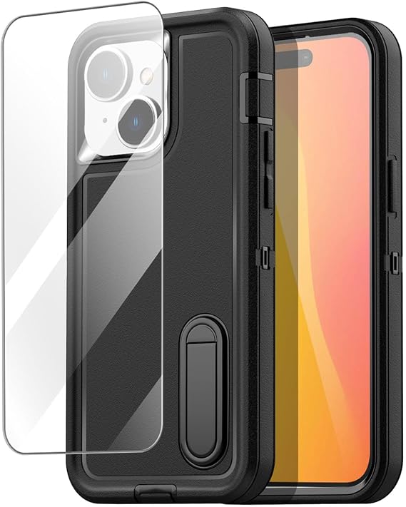 AICase Compatible with iPhone 15 Case Built-in Stand with Glass Screen Protector,Heavy Duty Drop Protection Full Body Rugged Shockproof Military Protective Tough Durable Cover_1