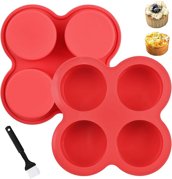 2 Pcs Silicone Mini Muffin Tray with a Small Oil Brush, Non-Stick Cupcake Moulds BPA Free with 4 Cavity, Flexible Baking Pan for Muffin, Cake, Puddings, Jello & Yorkshire Puddings, Oven Air Fryer Safe