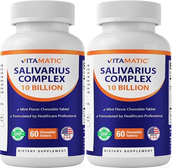 Vitamatic Salivarius Complex 10 Billion Chewable Mint Flavored Tablet - 60 Count - Oral Health Chewable Probiotics + Prebiotics - Supports Healthy Teeth, Gums, Better Breath-2 Pack