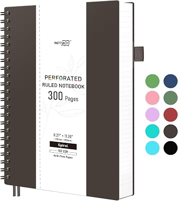 RETTACY Spiral College Ruled Notebook, 300 Perforated Pages, A4 Large Size 8.2 x 11.2, for School, Work, Writing, Journaling, 100 GSM Thick Paper, Flexible Plastic Cover Coffee Brown