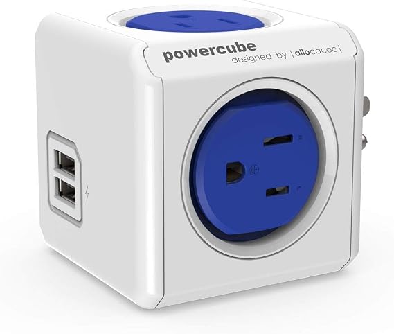 USB Wall Plug, Allocacoc PowerCube Original 4 Outlets 2 USB Ports Phone Charger Power Adapter Surge Protector Compact for Travel, Home Office Dorm Space Saving, 125V 15A 1875Watt ETL Certified Blue