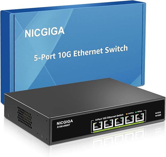 5 Port 10G Ethernet Switch Unmanaged,with 5X 10Gb Base-T RJ45 Ports, NICGIGA 10Gbps Network Switch Easy for 10G NAS,PC,WiFi7 Router,10G Adapter/NIC. Desktop or 19-inch Rack Mount, Plug and Play.