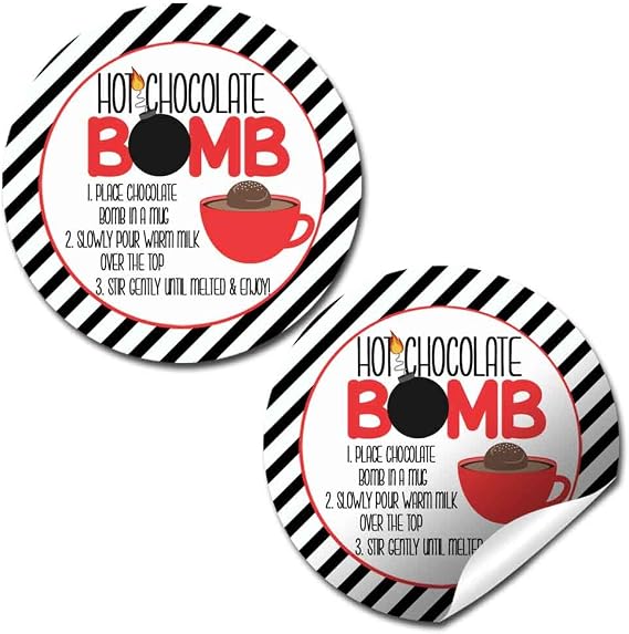Hot Chocolate Bomb Red Mug with Striped Border All-Occasion Hot Cocoa Bomb Packaging Sticker Labels, 40 2" Circle Stickers by AmandaCreation