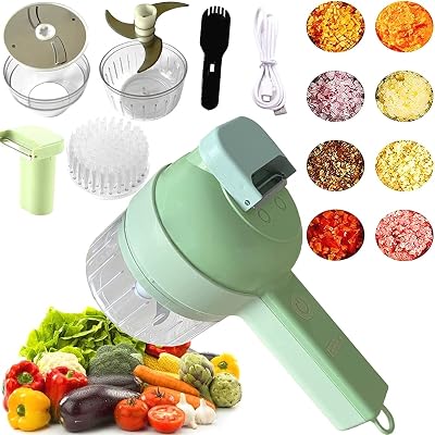 Portable 4 in 1 Electric Vegetable Slicer Set, Wireless Food Processor, with Clean Brush for Garlic Chili Onion Celery Ginger Meat, Green