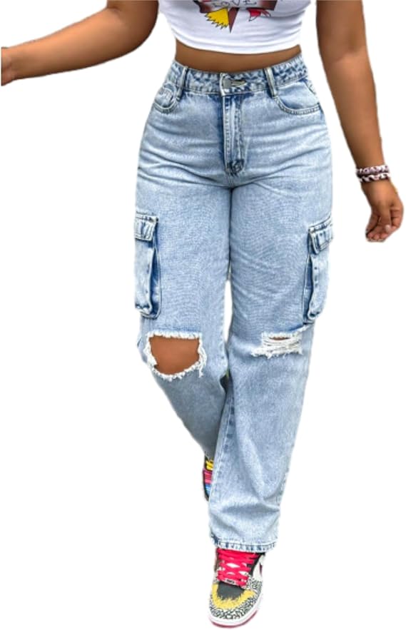 Baggy Jeans for Women,Wide Leg y2k Pants Ripped Jeans Street Cargo for Young Women Retro Streetwear Bottoms
