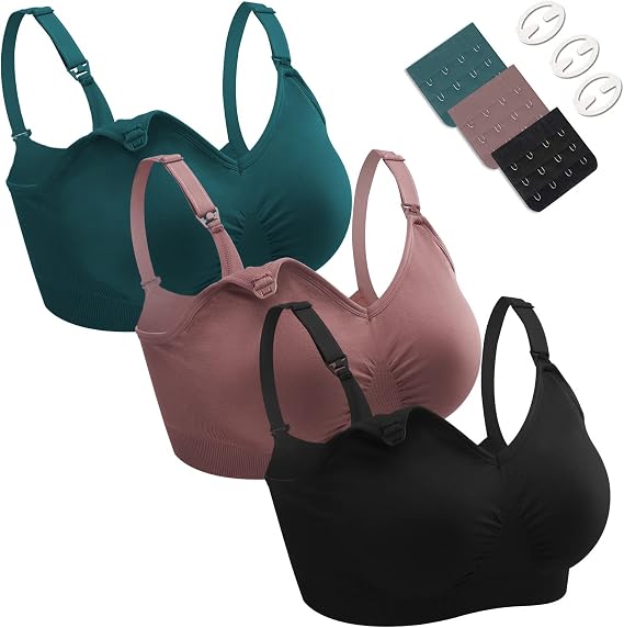 Nursing Bras, 3 Pack Wirefree Seamless Maternity Bra Women Pregnancy Breastfeeding Bralette with Extra Bra Extenders Clips