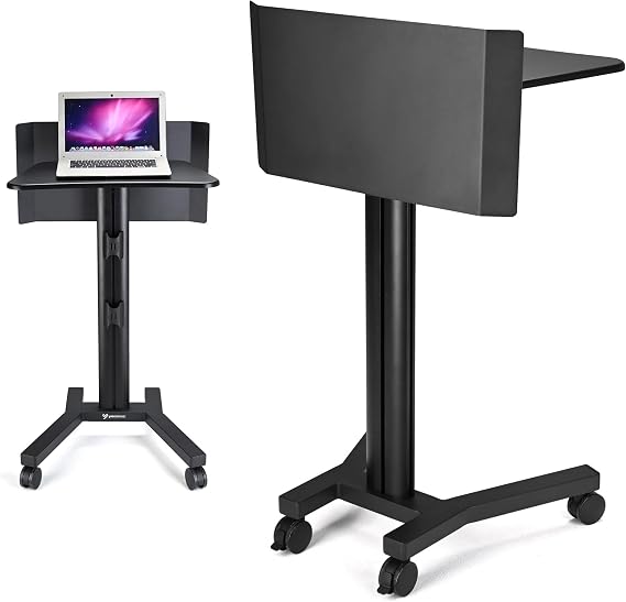 InstaHibit Metal Lectern & Podium Stand w/Front Custom Panel Portable Mobile Rolling Laptop Cart on Wheel Height Adjustable for Church Classroom Office Booth Presentation