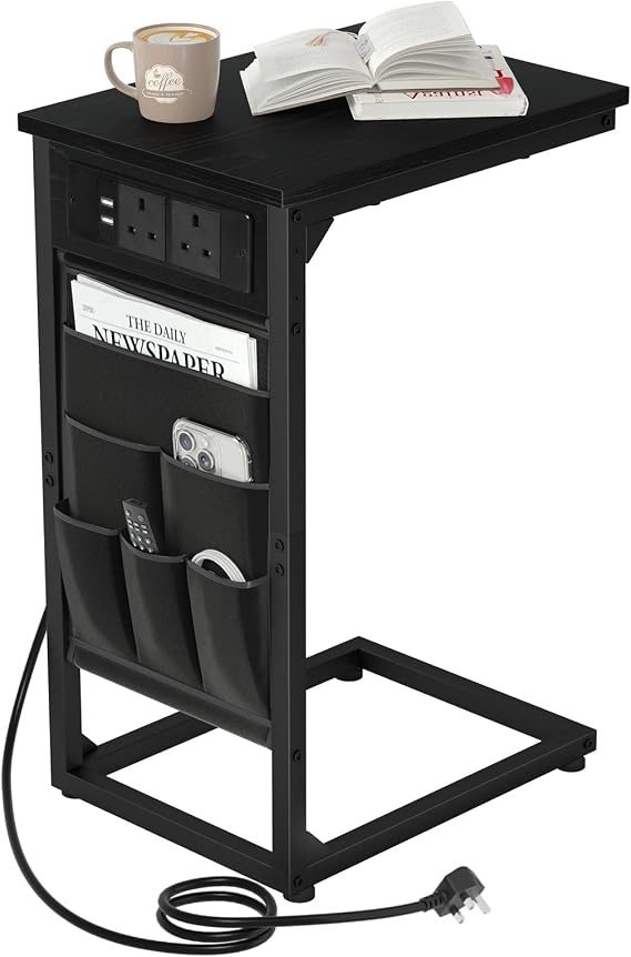 AMHANCIBLE C-Shaped Side Table, Side Table with Charging Station