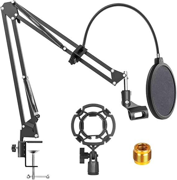 Microphone Stand, Mic Suspension Boom Scissor Arm Stand with Pop Filter and Shock Mount, 3/8" to 5/8" Adapter for Radio Broadcasting Studio, Voice-Over, Recording, Games Live, Youtube