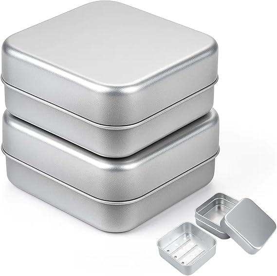 2 Pack Soap Tin, Silver Soap Box Travel Case with Lid, Square Shampoo Bar Container for Bathroom, Kitchen, Suitcase Organizer Storage, Metal Soap Dish Holder
