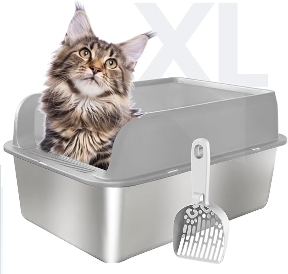Stainless Steel Cat Litter Box with Lid Extra Large Litter Box for Big Cats XL Metal Litter Pan Tray with High Wall Sides Enclosure, Non-Sticky, Anti-Leakage, Easy Cleaning (Grey)