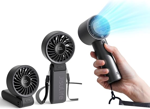 JISULIFE Handheld Fan Life7 Ultimate Flexibility: High-Power Motor, LED Display(Black) Handheld Fan Pro 1S,5000mAh Speed(1-100) Adjustable with Metal Body,Digital Display(Grey)