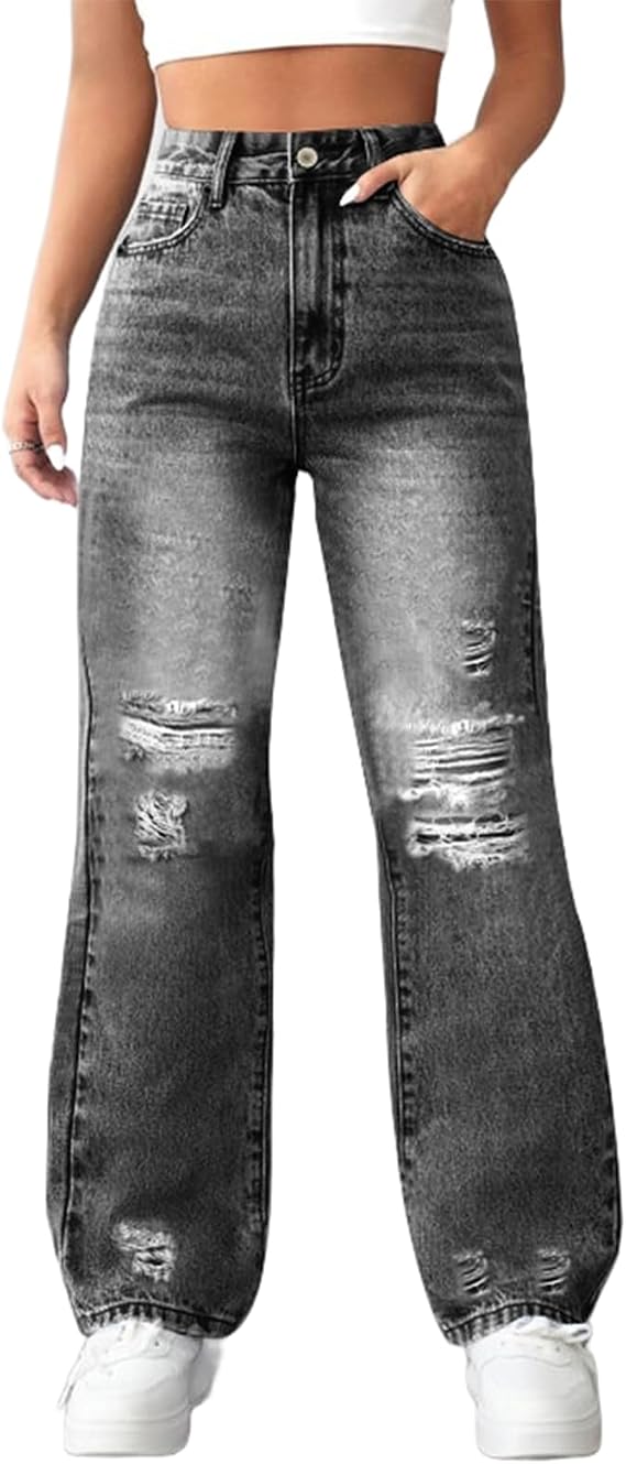 HBER Ripped Straight Leg Jeans for Women High Waisted Loose Distressed Jean