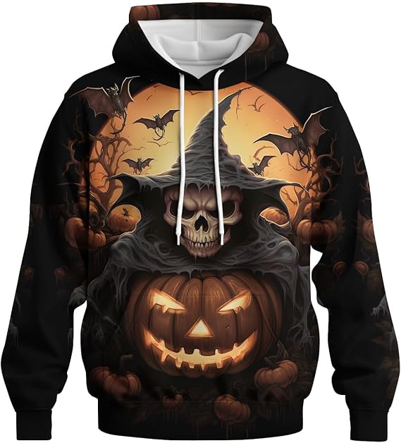 Novelty Pumpkin Skull Hoodie Funny Halloween Hoodies Sweatshirts Pullover Long Sleeve