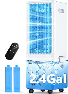 COOLECH Windowless Air Conditioner w 4 Modes & 3 Speeds, Waterless Alert, 2.4-Gal Tank for 20H Cooling, 12H Timer, 20FT Remote, 70° Auto Swing Evaporative Air Cooler, Portable AC Unit for Bedroom