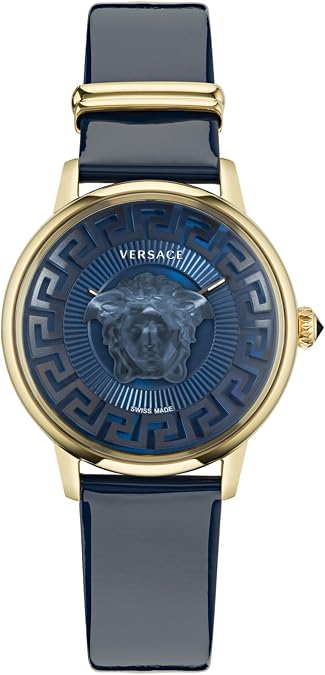 Versace Medusa Alchemy Collection Luxury Womens Watch Timepieces with a Blue Strap and Dial Featuring a IP Yellow Gold Case