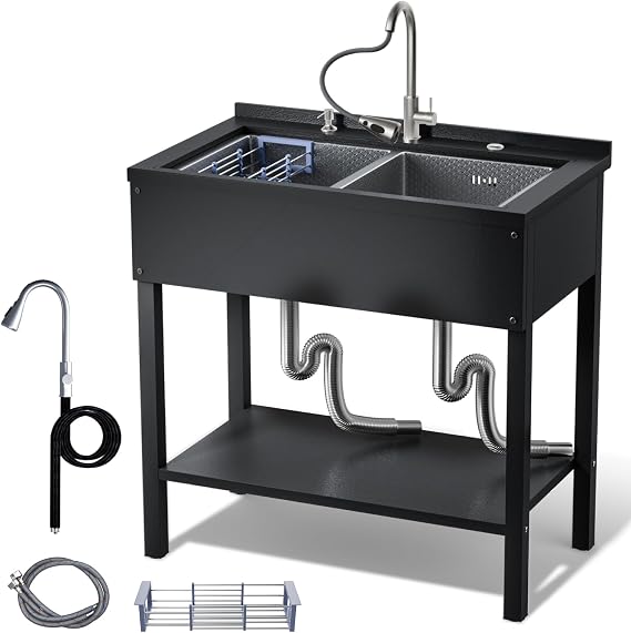 2-Compartment Stainless Steel Utility Sink,36" Free Standing Double Bowl Kitchen Sink,Laundry&Utility Room Sinks with Pull-out Faucet,Commercial Sink for Garage Laundry (36 Double sink)