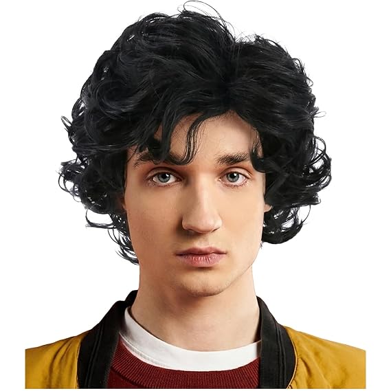 Mens Black Wig Short Fluffy Wavy Black Wig for Men Boys Natural Synthetic Male Halloween Costume Wig