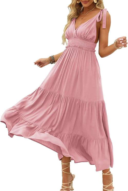 DEEP SELF Women's Summer V Neck Tie Strap Maxi Dress Halter Ruffle Hem Long Dresses Spaghetti Strap Long Flowy Dresses
