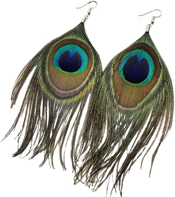 Peacock Feather Earrings for Women, Bohemian Long Feather Dangle Earrings Hypoallergenic, Sterling Silver, No Gemstone