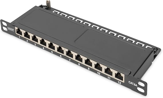 DIGITUS Cat-6A Patch Panel - 12 Ports - RJ45 Sockets - 10-Inch Rack Mount 0.5U - LSA Distribution Panel - Shielded - Black