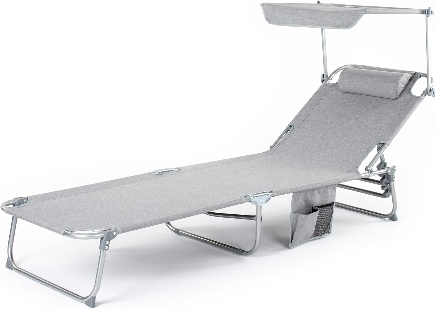 LIVIVO Folding Sun Lounger with Adjustable Back and Leg Rests, Adjustable Sunshade and Side Pockets – Relax in Comfort and Style – Folding Lightweight Frame Grey