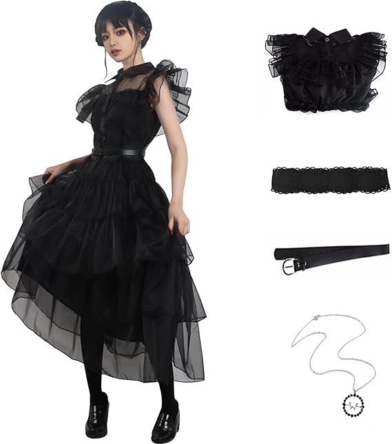 Women Vintage Goth Black Dress Costume Gothic Cosplay Dance Tulle Lace Skirt Halloween Party Outfit with Necklace