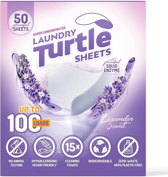 Laundry Turtle - Lavender Laundry Sheets Up to 100 Machine Loads Strips, Travel Size, 50 Non Toxic Laundry Detergent Sheets, Fresh Scent Washing Detergent, Strong Organic Cleaning Power