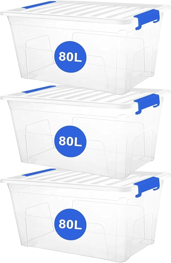 RelianceUK 3 X 80L Large Plastic Storage Box with Clip Lock Lid - Strong Stackable Storage Boxes 80 Litres - Home, Office, Kitchen, Storage Containers | Made in UK (80 Litre / 3 Pack)