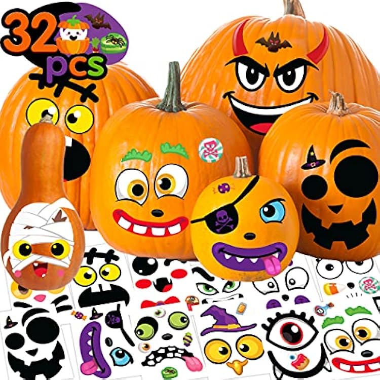 Halloween Pumpkin Decorating Stickers - 32 Sheets Pumpkin Face Stickers Halloween Party Decorations Supplies Halloween Sticker for Kids